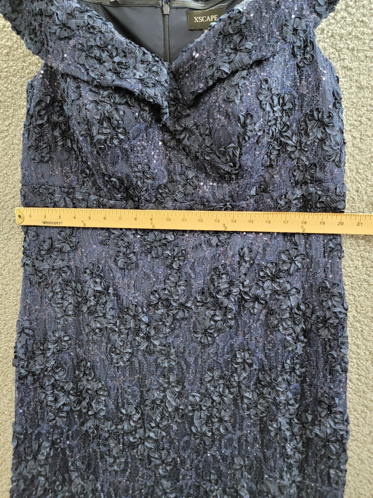 Xscape Plus Size Off Shoulder Embroidered Lace Dress Women's 16W Navy Back Zip - Picture 5 of 21