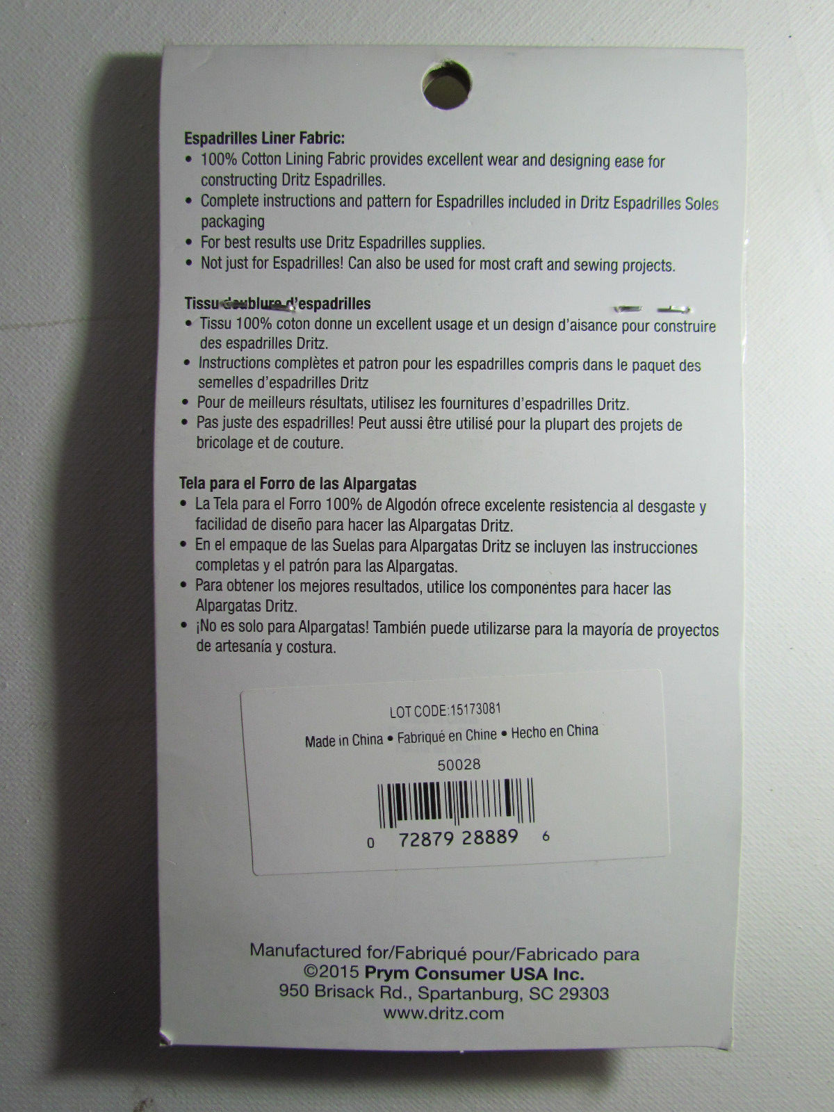 Dritz  Espadrilles Inner Lining Fabric Blue 100% Cotton 16