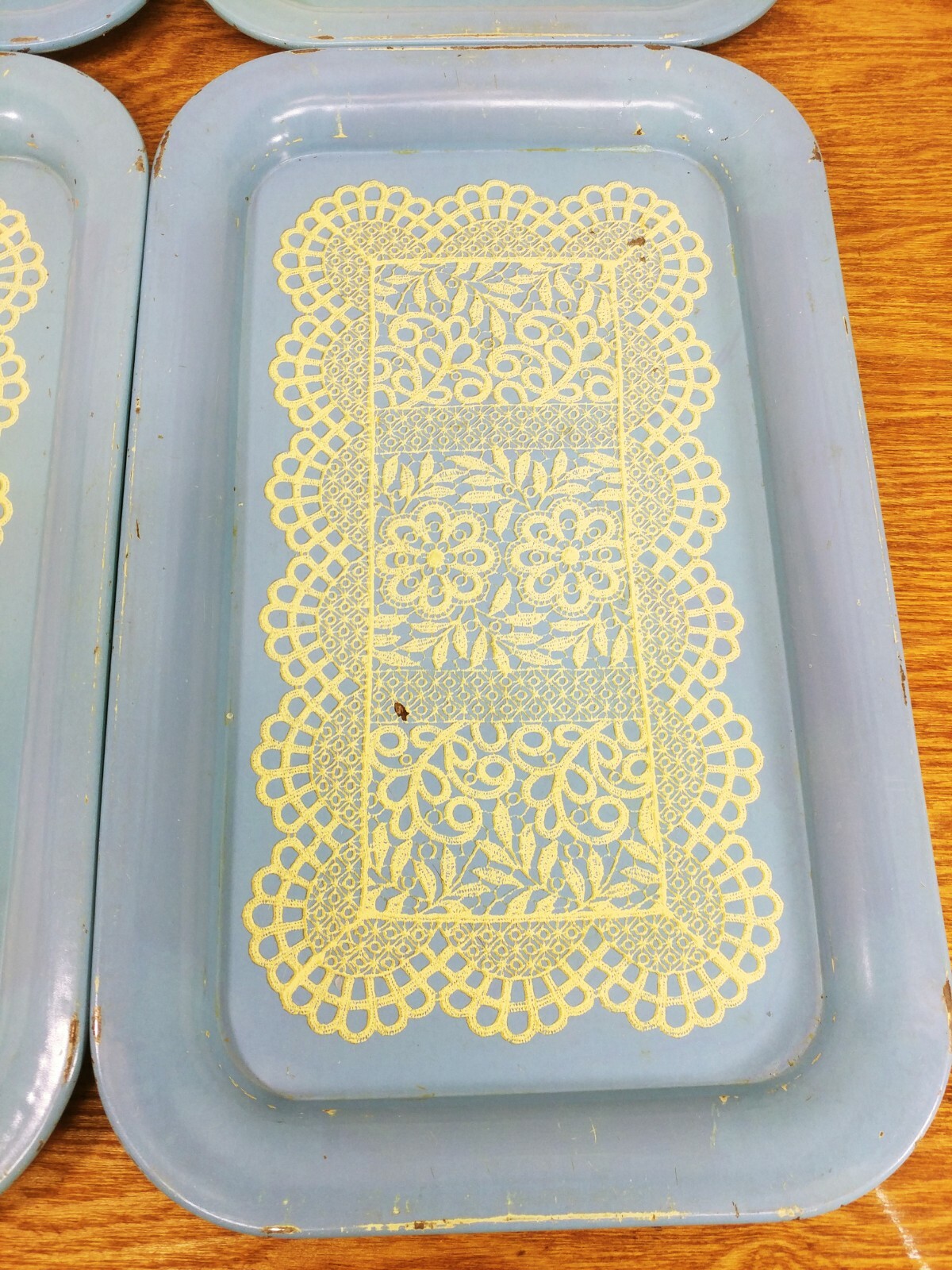 Old Vintage 4 Metal Lap Trays Light Blue w Lace Serving Trays 14" x 9
