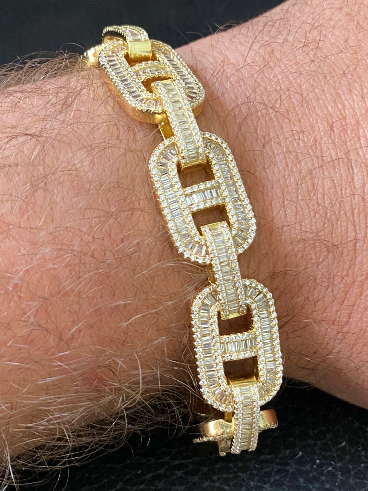 Pre-owned Silver Men's Real 14k Gold Plated Solid 925  Baguette Gucci Link Bracelet 15mm Cz