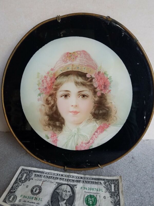 vintage Flue Cover w/ beautiful Victorian girl lady antique wall hanging  9"