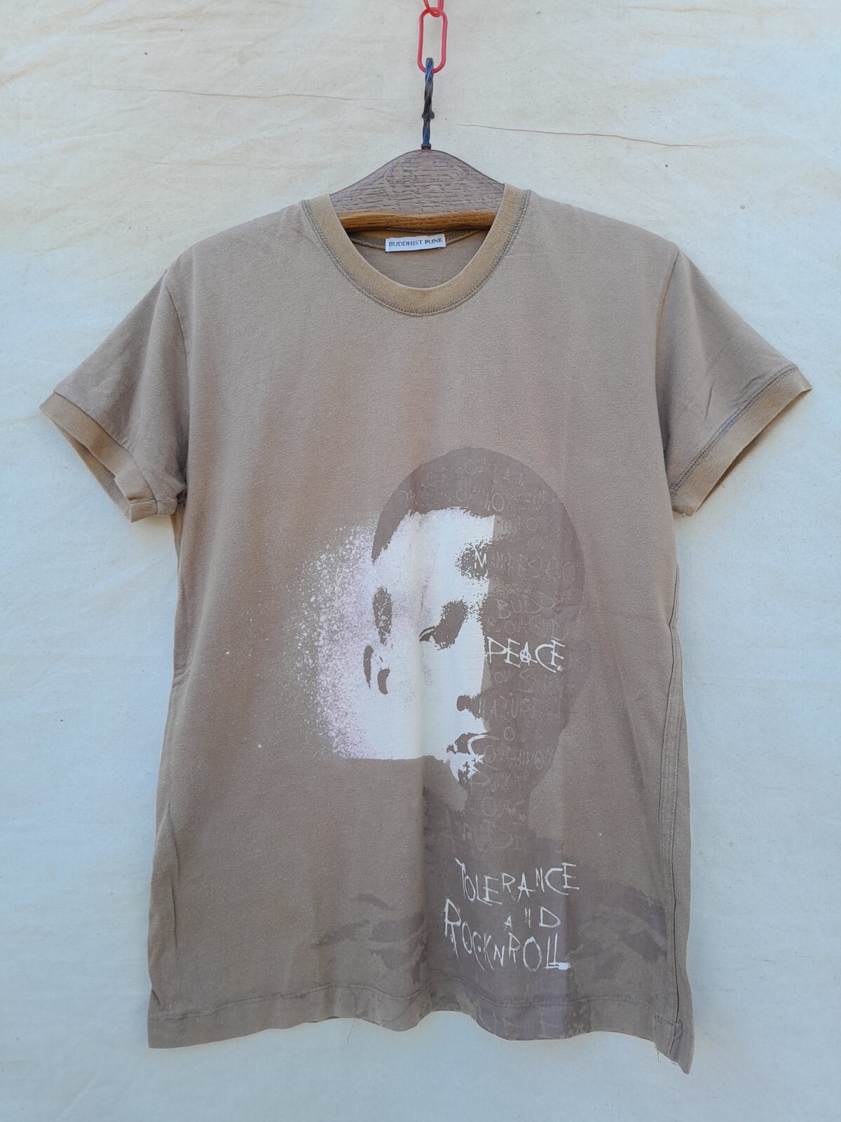 Buddhist Punk Shirt Men's Medium Beige Cotton Peace