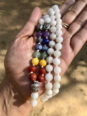 8 mm Rnd 54+16+2 Beads Original Moonstone + 7 Chakra Jaap Rosary, Japa Mala