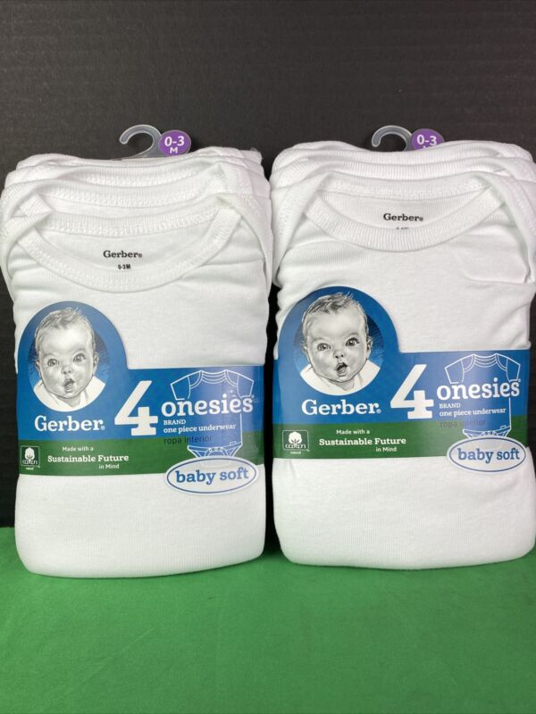 2 Packs Gerber Baby White Onesies 4 Ct Each Short Sleeves Size 0-3M