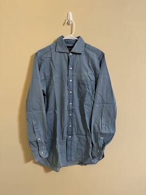 Drake s London Button Up Shirt Long Sleeve Washed Blue 15.5 39