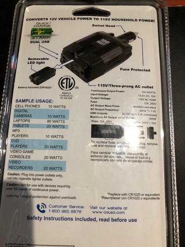 Custom Accessories 100W Dual USB Inverter, Powers & Charges New & Free Shipping