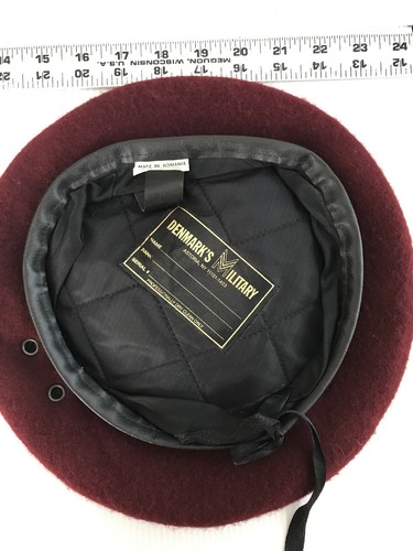 Denmark's Military beret wool Burgundy Color With Black trim Size 7 1/4-7 3/8