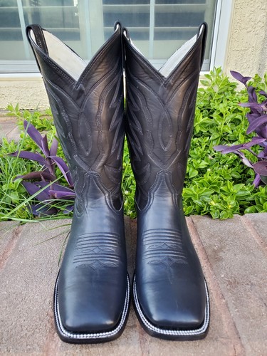 Mens Cowboy Western Boots Black Cowhide Genuine Leather Size # 10.5 E