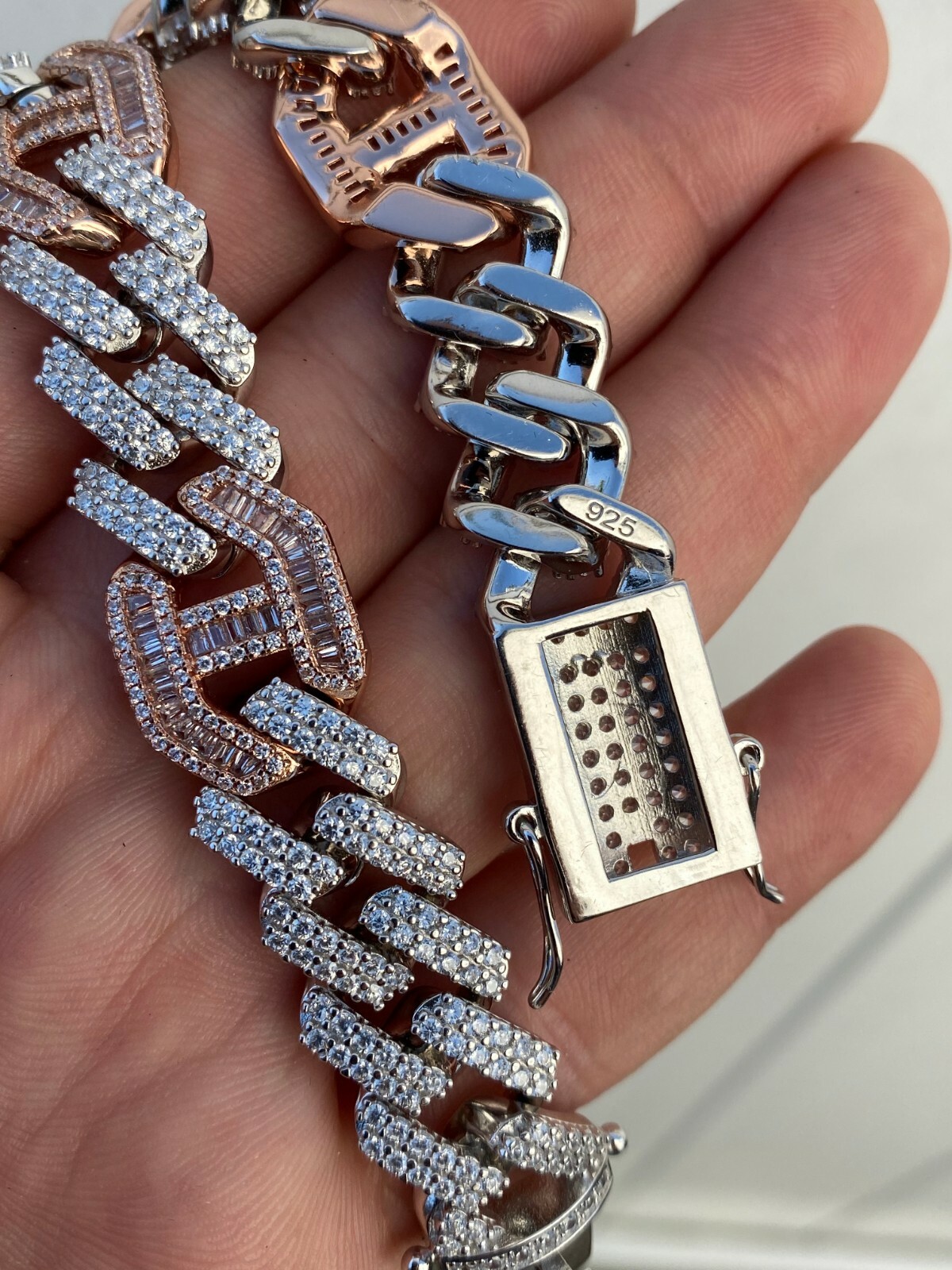 Pre-owned Silver Solid 925  Cz Rose Gold Plated Mens Figarucci Gucci Link Prong Cuban Chain In  & 14k Rose Gold