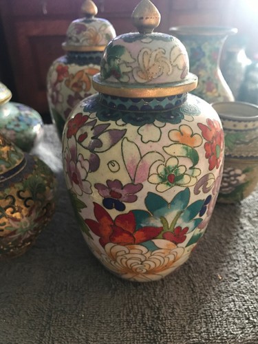 Lot of 6 Vintage Cloisonne Covered Jars and Vases