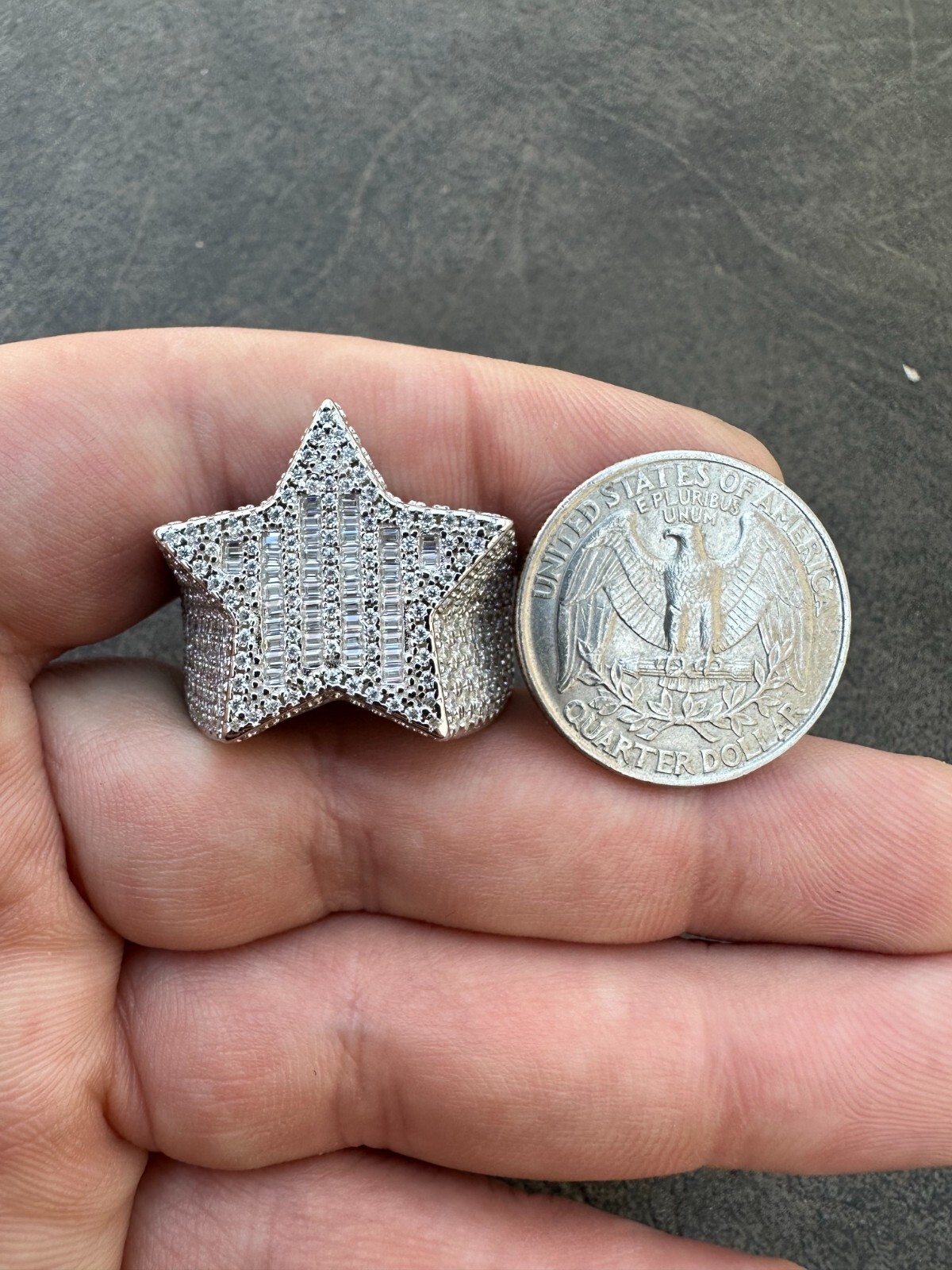 Pre-owned Silver Moissanite Real 925  Iced Baguette Star Ring Moissanite Pass Diamond Test