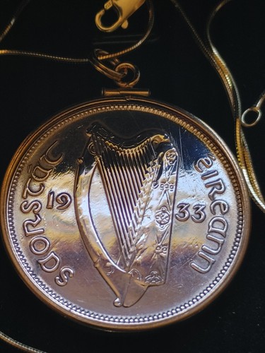 Silver 1933 Irish 1/2 Crown Gold Filled .925 Pendant 18' 18kgf Chain, Box & COA