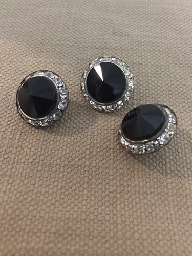 3 Vintage Large Jet Black & Clear Rhinestone Abstract Round Buttons 3/4” Inch