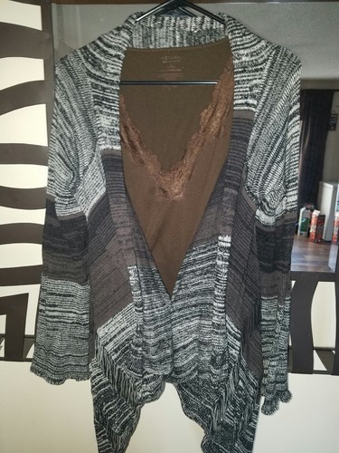 Women's outfit lot brown grey cardigan Large Zac & Rachel tan pants 12 NWOT