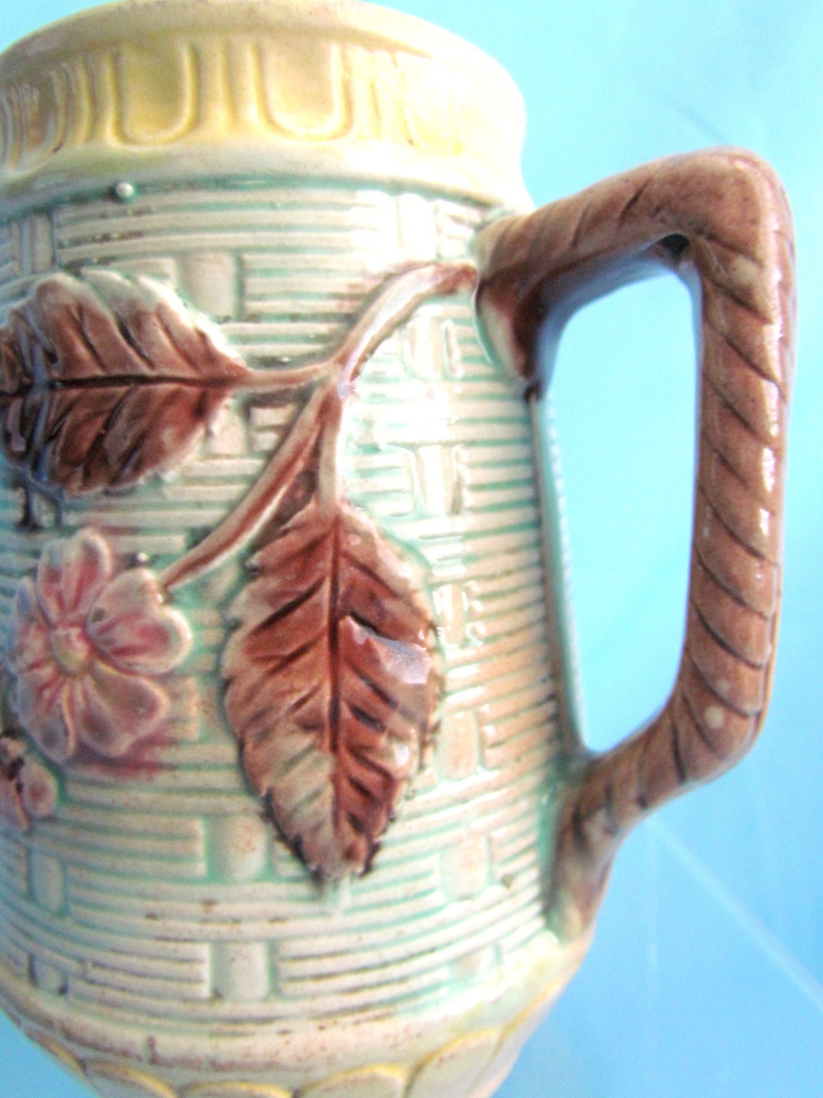 Antique Majolica Green and Yellow Basket Weave Wild Rose Pitcher