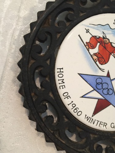 Squaw Valley Winter Olympics 1960 Indian Skiing Tile Iron Trivet Wall Hanging