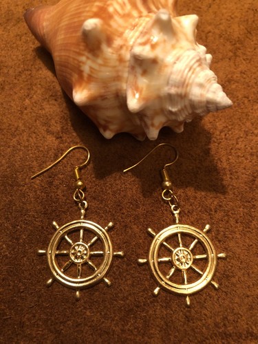 VINTAGE Ship Wheel Nautical Stamped Relief Hook Dangle EARRINGS 24KT.GOLD PL