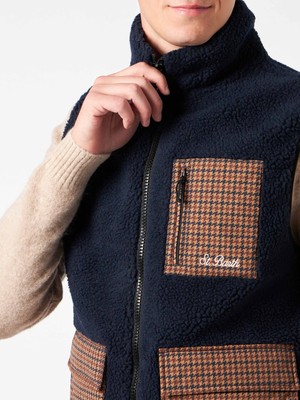 Pre-owned Mc2 Saint Barth Man Blue Sherpa Vest Jacket With Check Patch Pockets