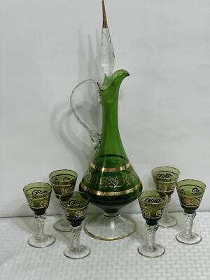 Vintage Italian Blown Glass Decanter & Cordial Glass 8 Pc Set Green & Gold