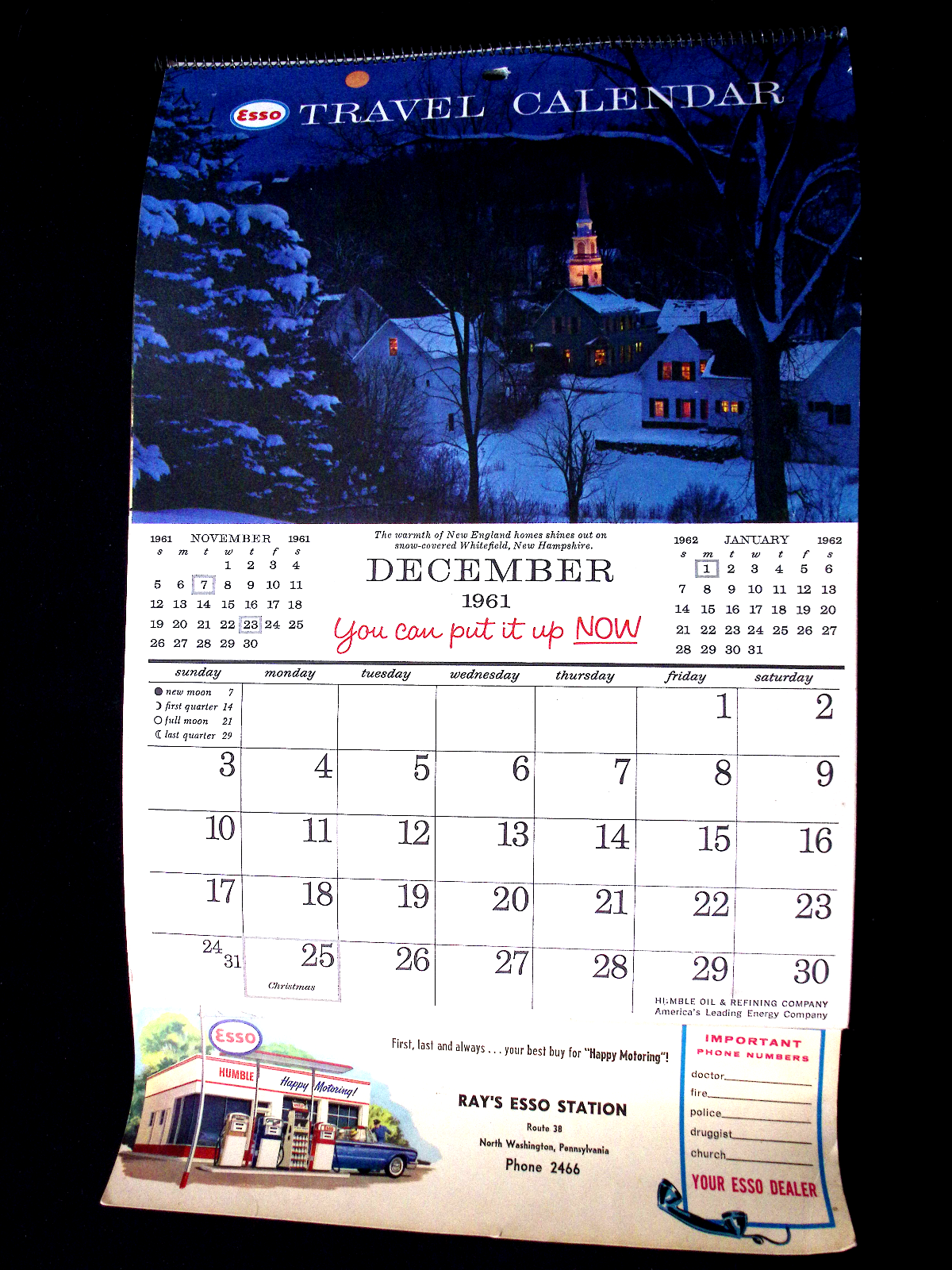 1961 Esso Travel USA Wall Calendar Vintage Gas Station Advertising Spiral Bound