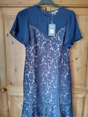 Oasis navy georgette & lace flutter sleeves shift party dress. UK 12. BNWT