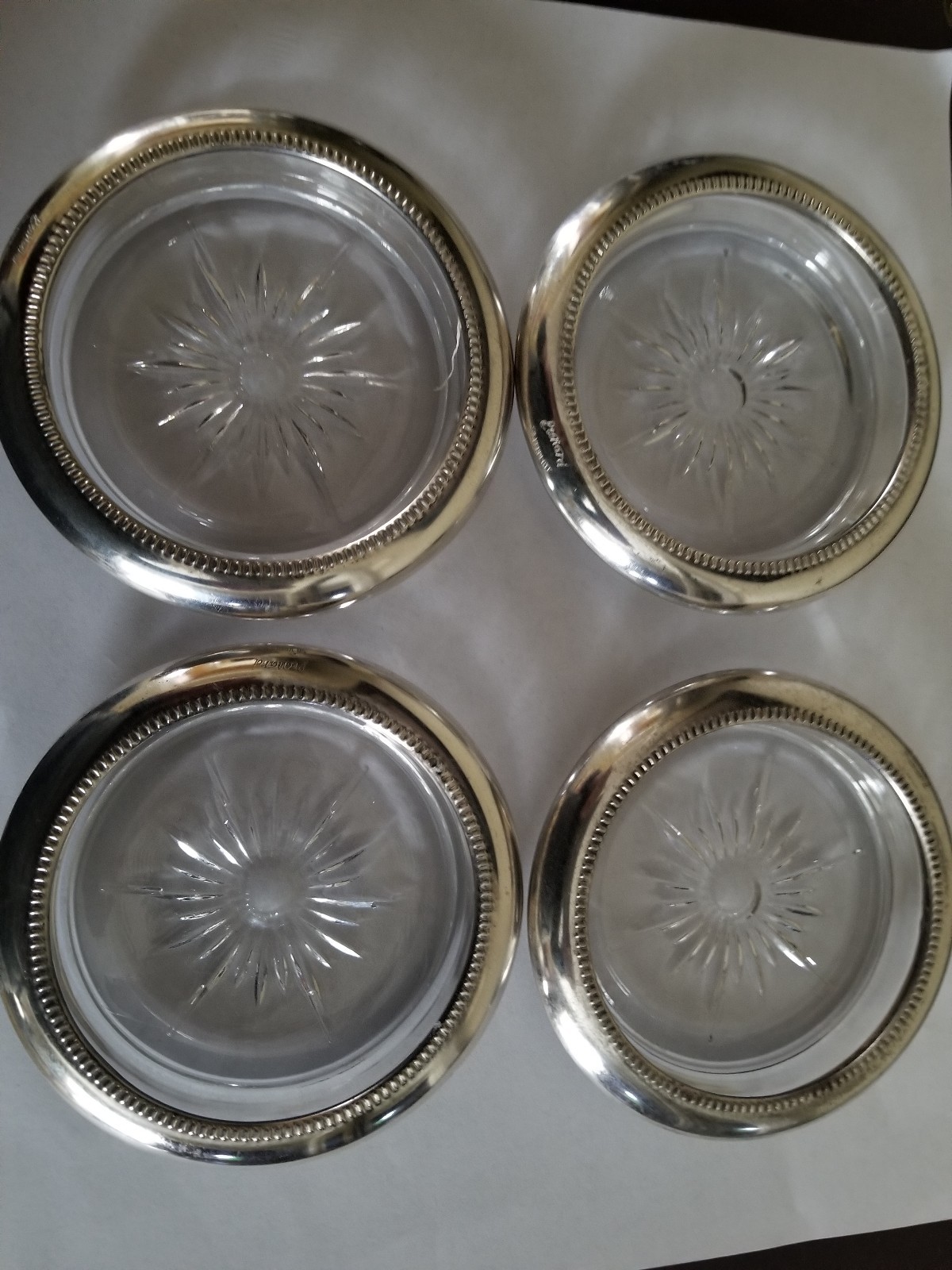 Vintage Pressed Glass Coasters Starburst Pattern Silver Plate Trim Set of Four