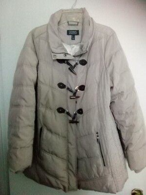 Dennis Basso Taupe Beige Quilted Puffer Toggle Coat Jacket Hooded - Size Large