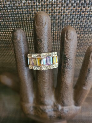 VINTAGE STERLING SILVER PINK YELLOW CLEAR STONES ORNATE WIDE RING SZ 4.5 