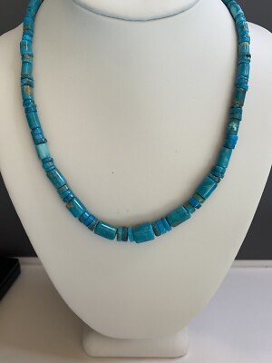 Graduated Barrel and Heishi Nacozari Turquoise beads and Silver Necklace 19 in