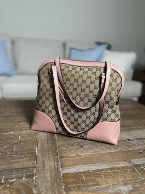 Gucci Brown Canvas and Pink Leather GG Bree Dome Large Tote Bag New Authentic