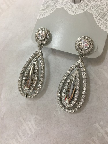 Charming Charlie RSVP Bridal Rhinestone Dangle Earrings Silver Drop Tear Shape