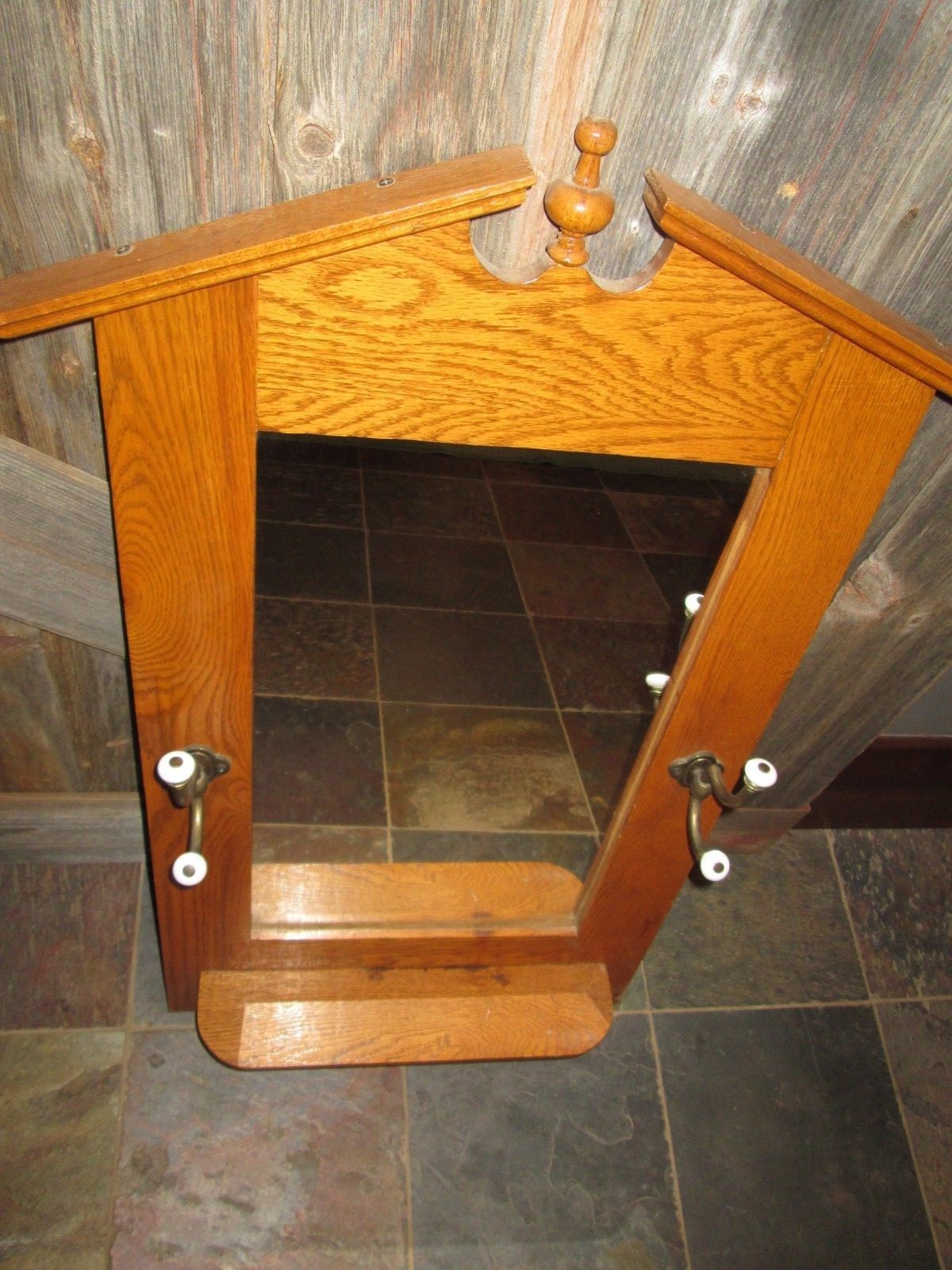 Antique Arts & Crafts Oak Framed Wall Mirror w/2 Brass Hooks = shelf 39