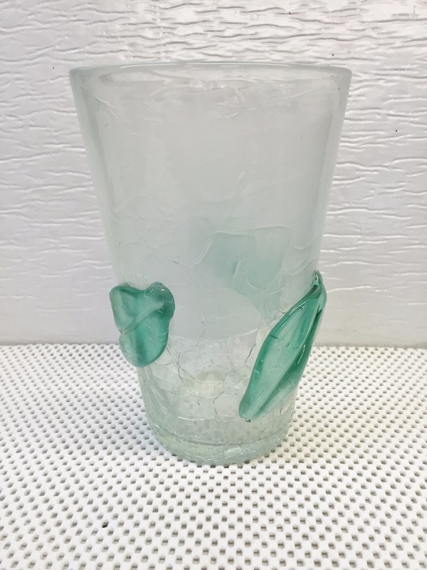 Blenko Clear Crackle Glass Vase W Applied Green Leaves Polybull Com