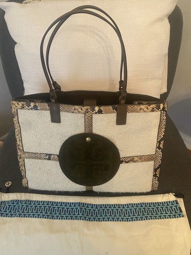 Tory Burch Ella Snake Print Trim and Wool Quadrant Tote. | eBay