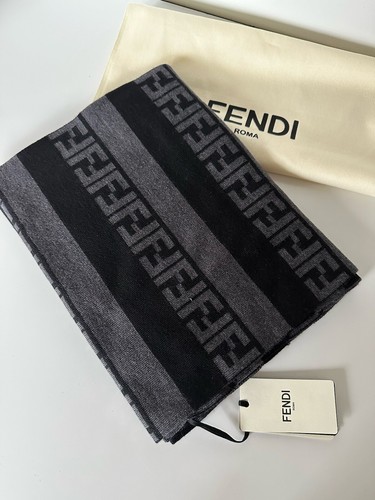 Pre-owned Fendi $470  Ff Logo Wool Black/grey Scarf 12w X 73.5l Fxs124 Italy In Gray