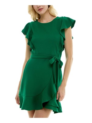 CRYSTAL DOLLS Womens Green Tie Flutter Sleeve Mini Faux Wrap Dress Juniors XS