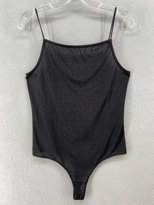 Vero Mode Nordstrom  Bodysuit Women Junior L  Black Thong Ribbed Snap NWT