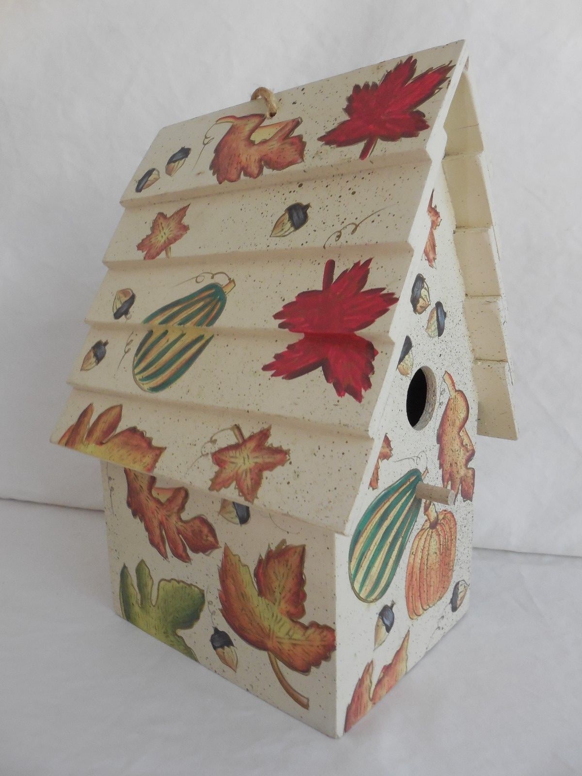 Autumn Painted  'Wooden Birdhouse'  with Shingled Roof and Attached Hanging Rope
