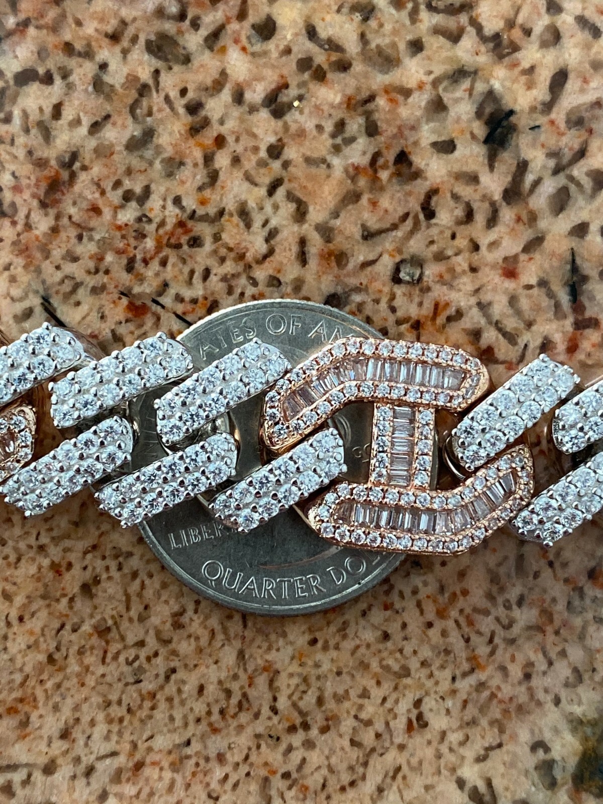 Pre-owned Silver Solid 925  Cz Rose Gold Plated Mens Figarucci Gucci Link Prong Cuban Chain In  & 14k Rose Gold