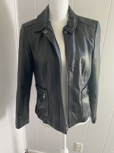 Alfani Womens Soft Leather Jacket Size Small Black Fitted Leather Coat