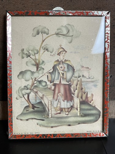 Vintage Donald Art Co. Print Oriental Man Bridge Asian 4x5 Metal Frame #977A
