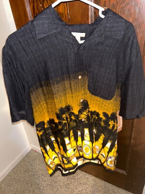 George Black & Gold Beer Bottle Palm Tree Short Sleeve Button Down Shirt Medium