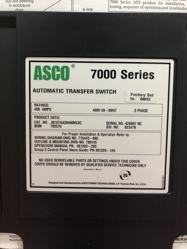 ASCO Automatic Transfer Switch 400 Amp 480 Volt J07ATSA30400N5XC
