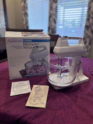 Open Box Sunbeam 02171 White Mixmaster 6 Speed Stand Mixer Vintage Works