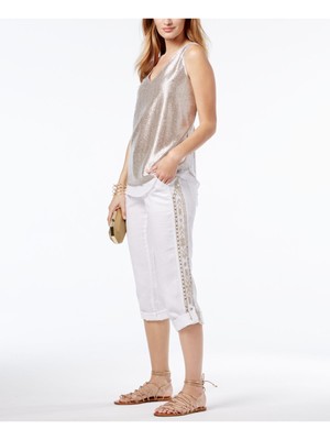 INC Womens White Sequined Embellished Capri Pants 8