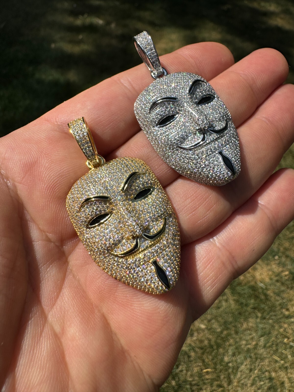 Pre-owned Hip Hop Real Moissanite V For Vendetta Mask Iced Anonymous Pendant Necklace 925 Silver In White