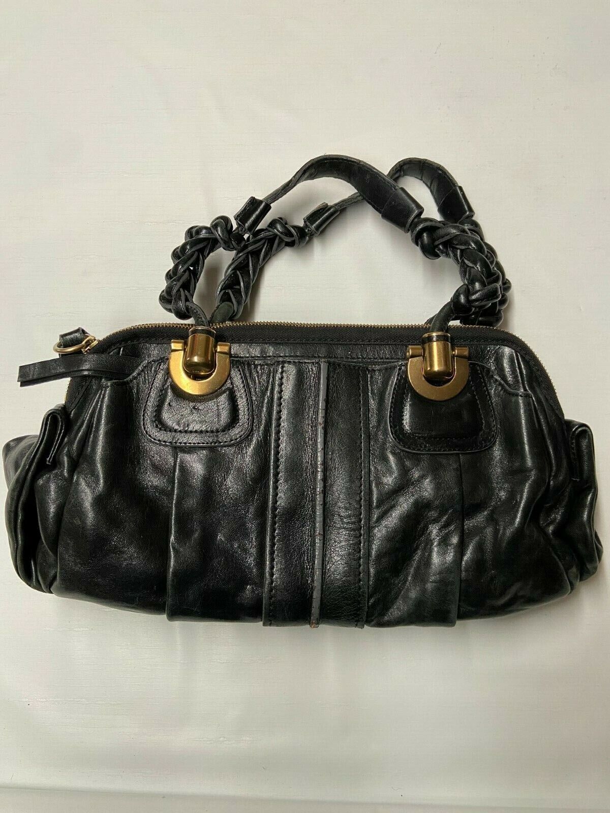 CHLOE Black Gold Brass Heavy Leather Shoulder Bag Sz 14X8X6 CHLOE Black Gold Brass Heavy Leather Shoulder Bag Sz 14X8X6