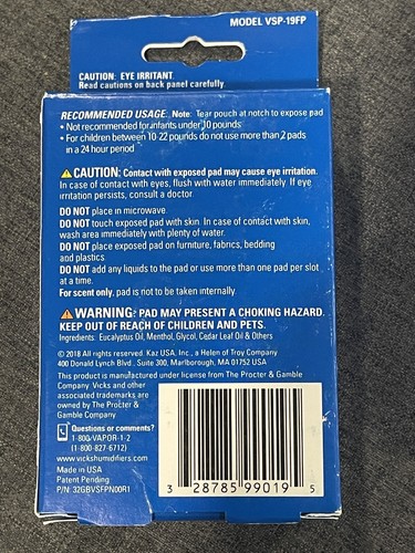 2 &times; VICKS VapoPads REFILLS Long Lasting Soothing Pads 8 Hour Use 12 PADS Each