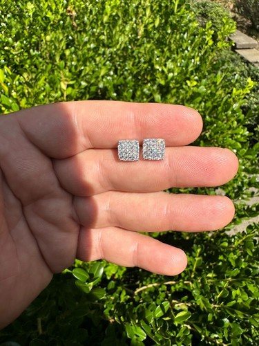Pre-owned Silver 1.32ct Vvs Real Diamond Men's Solid 925  Iced Hip Hop Square Earrings 8mm In White