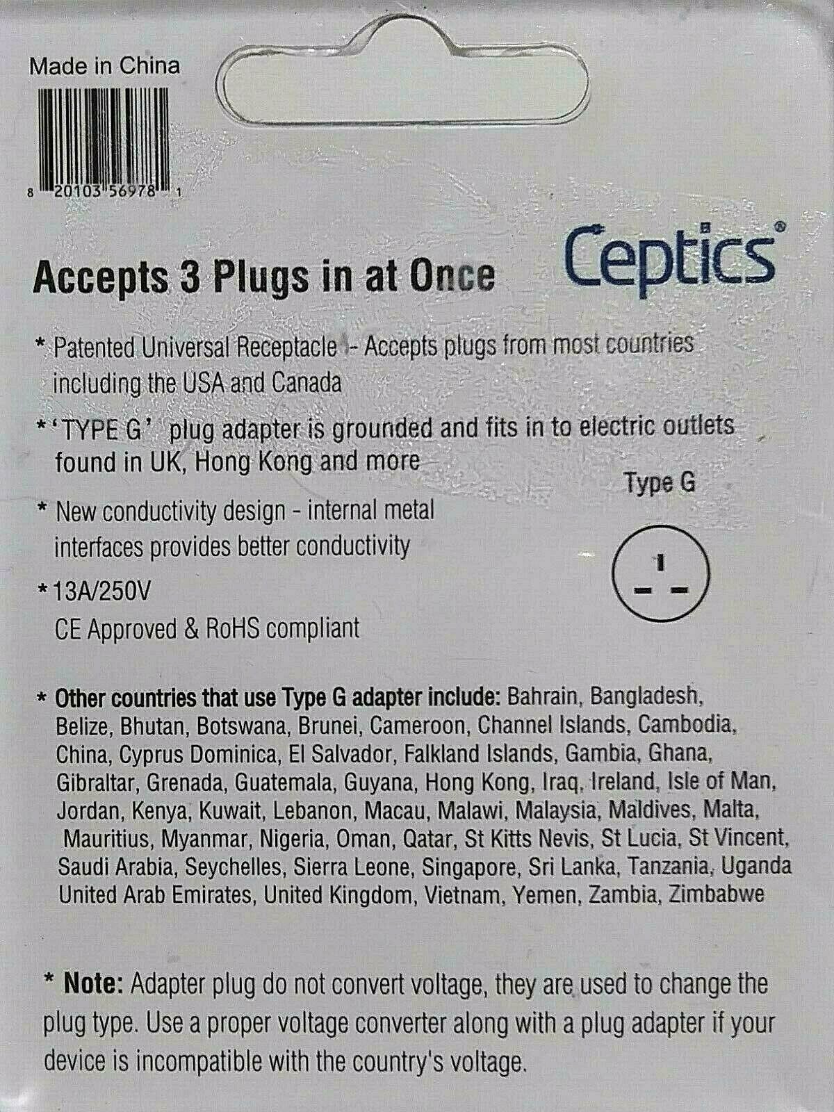 Ceptics 3-in-1 Grounded Travel Adapted Outlet Plug Type G  GP3-7 Factory Sealed